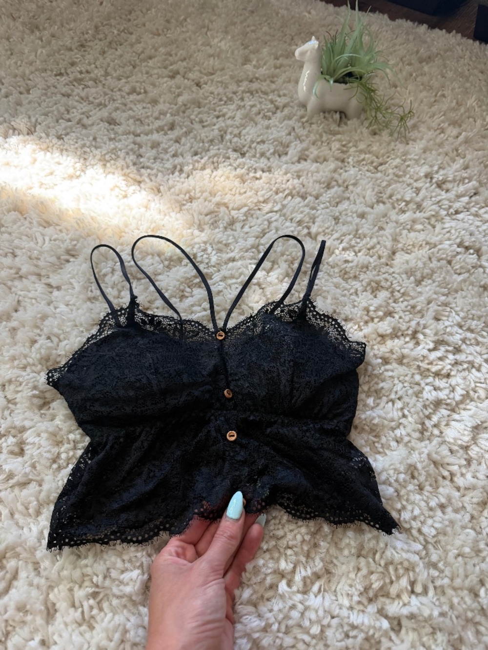 Delicate Black Lace Cropped Bralette vintage glass simplistic with Button Detail